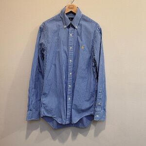 Ralph Lauren Blue and White Striped Men's Shirt with Yellow icon, Small